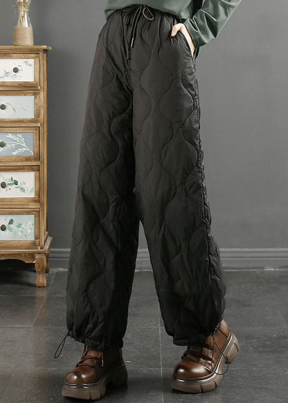 Black Plaid Drawstring Tie Waist Duck Down Filled Pants Winter