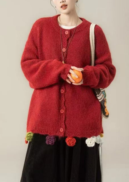 Loose Red O Neck Button Knit Coats Spring