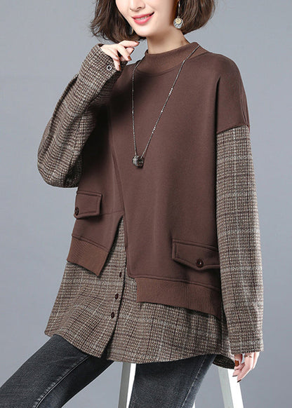 Chocolate Colour O-neck Patchwork Fake Two Pieces Sweatshirt Long Sleeve