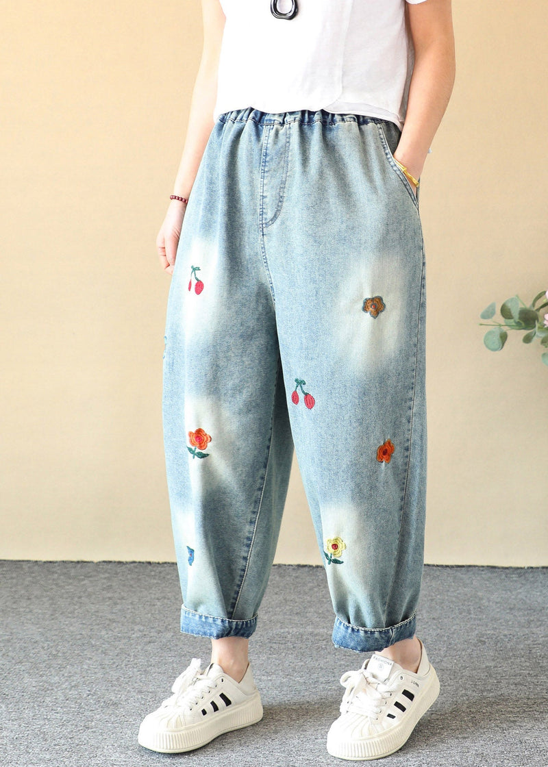 Blue Cherry Embroidered Elastic Waist Crop Harem Jeans Summer