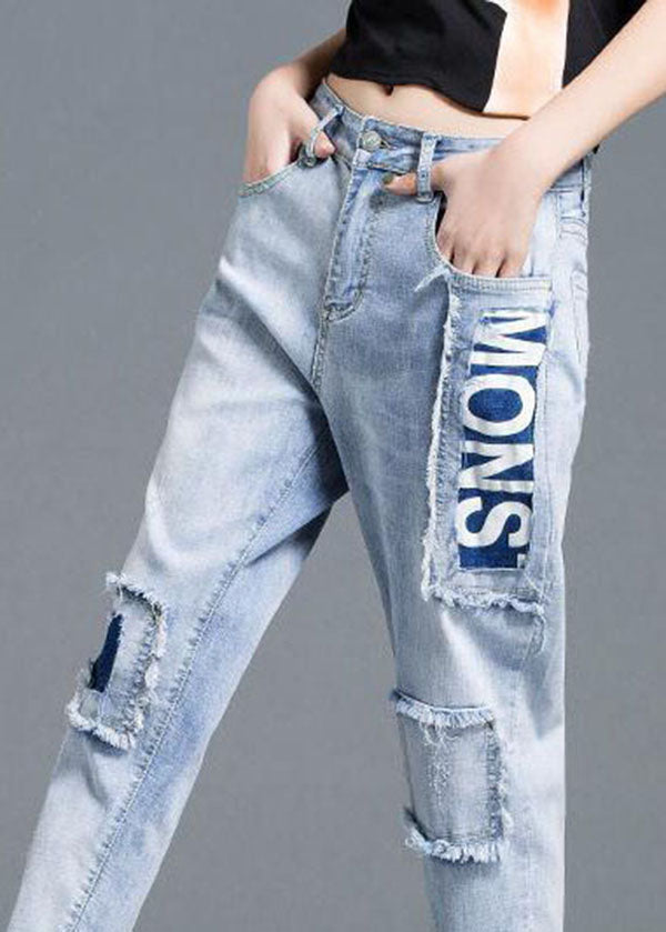 Light Blue High Waist Letter Print Cotton Denim Jeans Summer