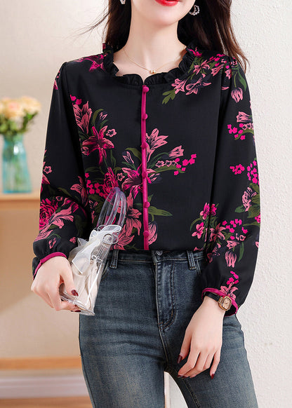 Black Ruffled Print Chiffon Top Long Sleeve