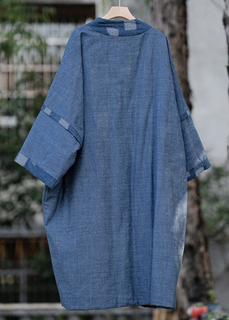 Blue Button Pockets Patchwork Thin Cotton Coat Fall