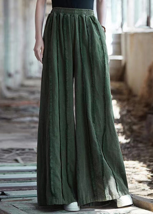 Green Pockets Elastic Waist Linen Pants Summer