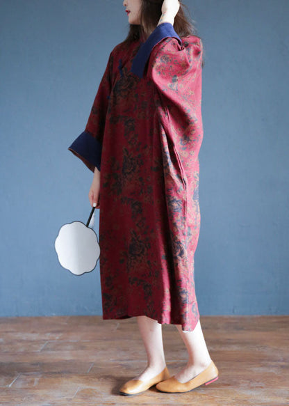 Red Print Chinese Style Cotton Long Dress Spring