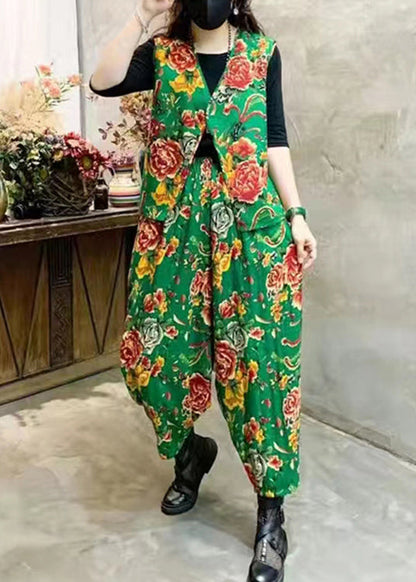 Red Print Elastic Waist Patchwork Cotton Two-piece Set Sleeveless