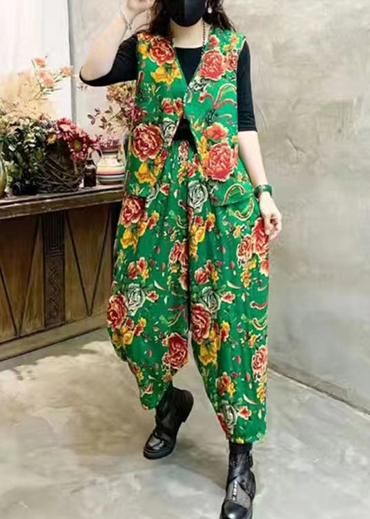 Red Print Elastic Waist Patchwork Cotton Two-piece Set Sleeveless