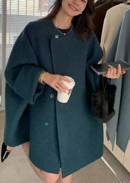 Grey O-neck Button Woolen Coats Long Sleeve
