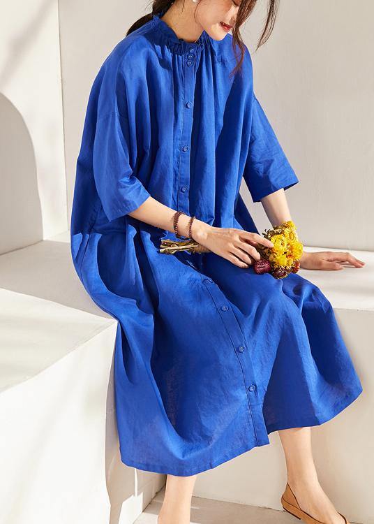 Boutique Blue Wrinkled Summer Linen Summer Dress Half Sleeve