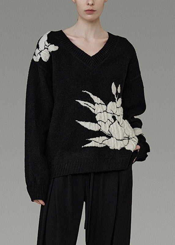 Black V Neck Cozy Cotton Knit Sweater Winter
