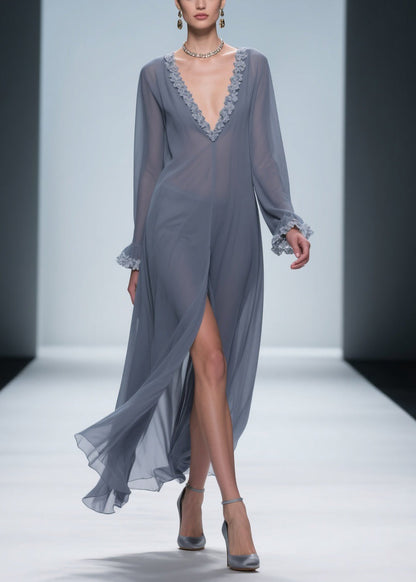 Grey Lace Side Open Chiffon Dress Flare Sleeve