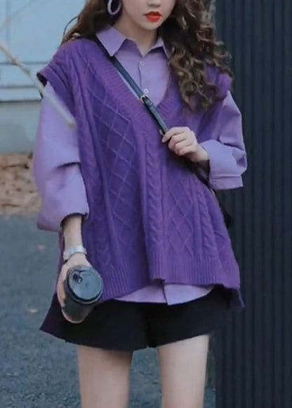 Stylish Purple Knit Vest and Shirts Two Pieces Set Fall