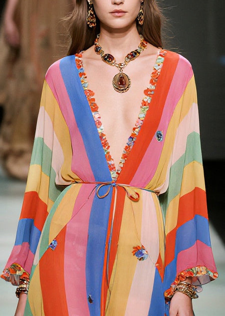 Multicolored Striped Asymmetrical Ruffled Chiffon Holiday Dress Summer