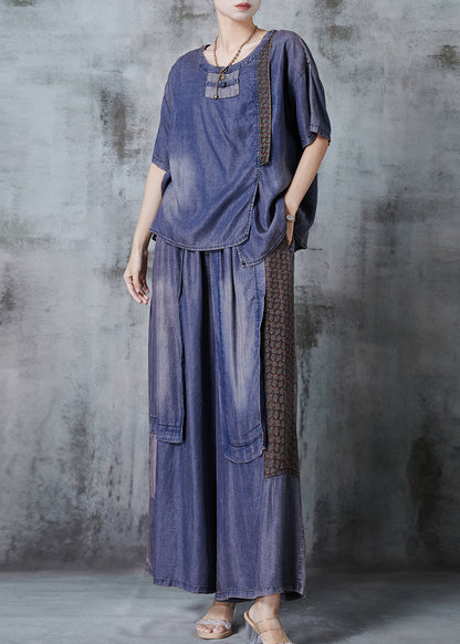 Blue Asymmetrical Patchwork Denim Two Pieces Set Summer