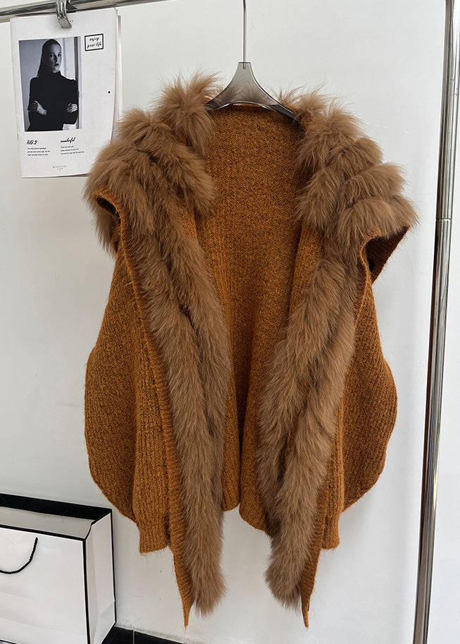 Brown Fox Collar Pockets Patchwork Knit Coats Fall