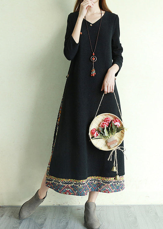 Black Print Fake Two Long Dress Side Open Long Sleeve