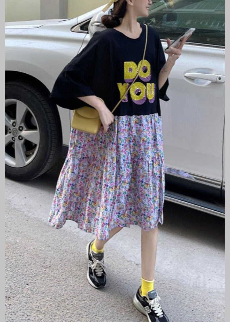 Black O-neck Patchwork Summer Half Sleeve Dresses