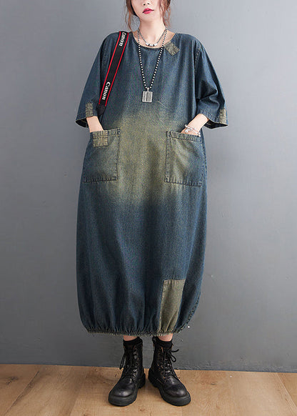 Baggy Blue O-neck Pockets Patchwork Denim Dresses Half Sleeve