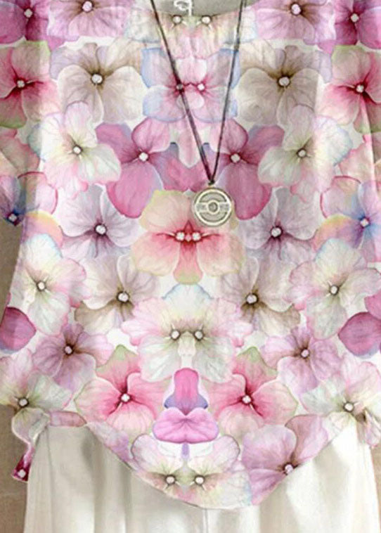 Pink O Neck Print Patchwork Linen T Shirt Top Summer
