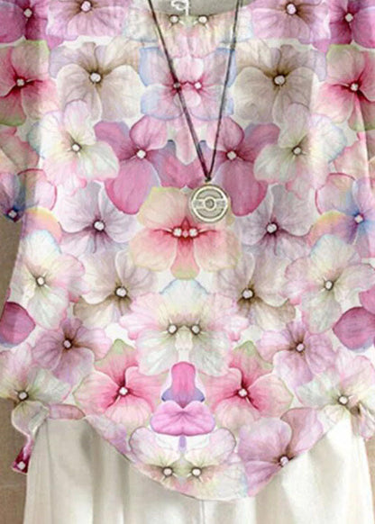 Pink O Neck Print Patchwork Linen T Shirt Top Summer