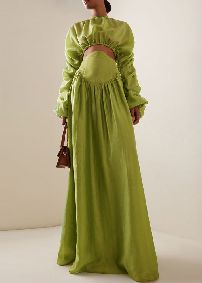 French Green Wrinkled Lace Up Tops and Skirts Cotton Two Pieces Set Spring