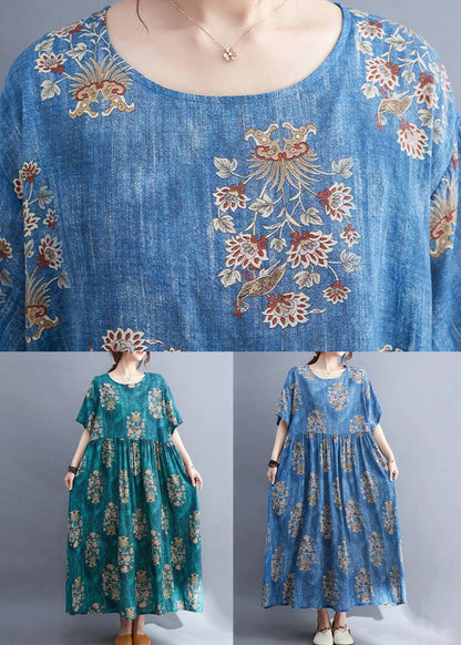 Green O Neck Print Cotton Long Dress Summer
