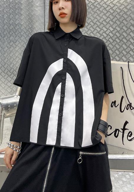 French Black Graphic Buttonlow High Design Shirt Top
