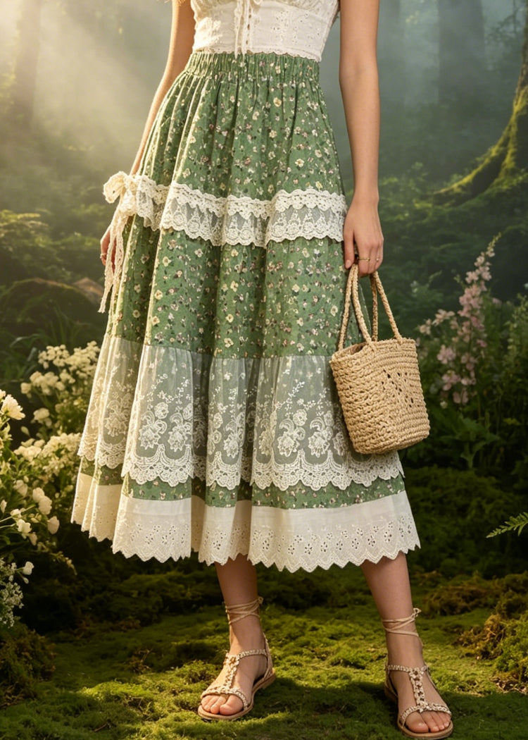 Loose Green Print Lace Elastic Waist Patchwork Skirts Summer
