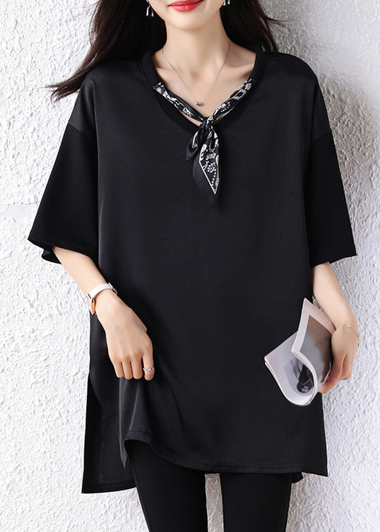Classy Black Oversized Drawstring Scarf Cotton Long Tops Half Sleeve
