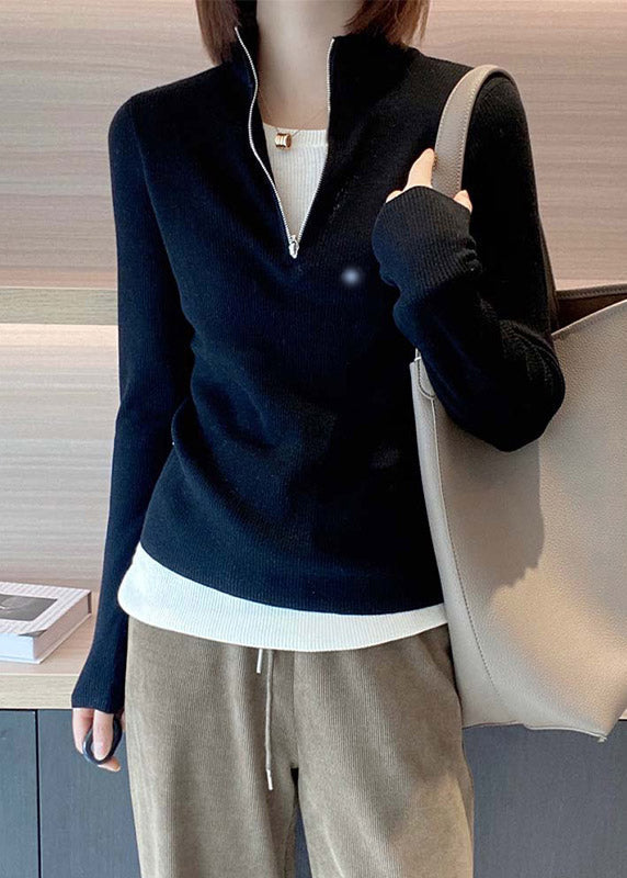 Apricot Stand Collar Zip Up Patchwork Knit Top Fall