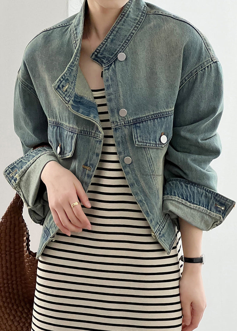 Blue Stand Collar Pockets Denim Short Coat Fall