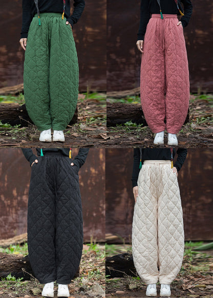 Beige Original Design Pockets Cotton Filled Pants Elastic Waist