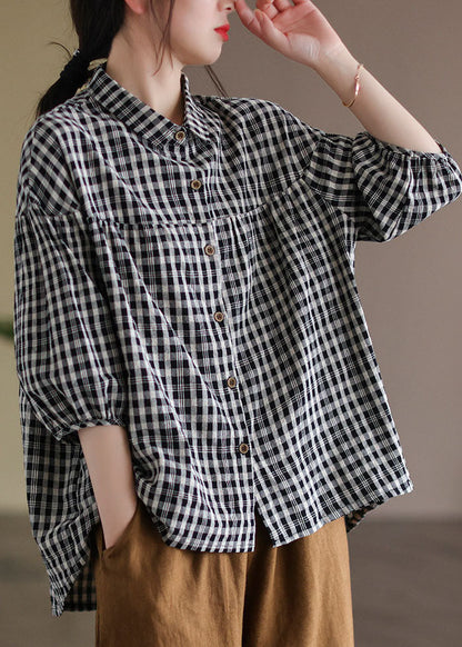 Black Peter Pan Collar Plaid Linen Shirt Half Sleeve