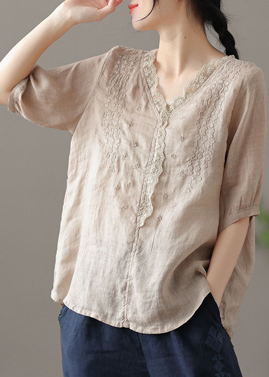 Khaki Embroideried Lace Patchwork Linen Shirt Half Sleeve