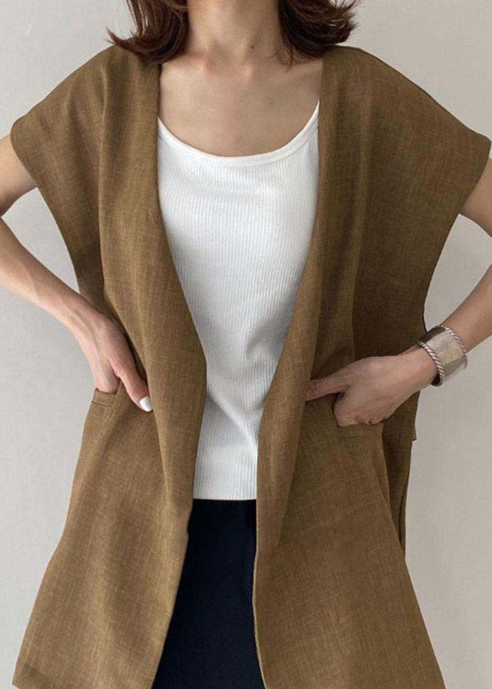 Khaki O-neck Patchwork Vest and Pants Linen Two Pieces Set Spring