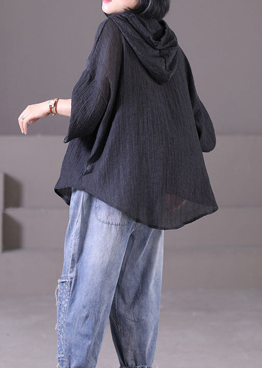 Classy Black Hooded Drawstring Wrinkled Cotton Sweatshirt Long Sleeve
