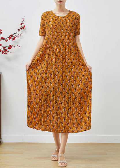 Yellow Print Chiffon Pleated Dress Summer