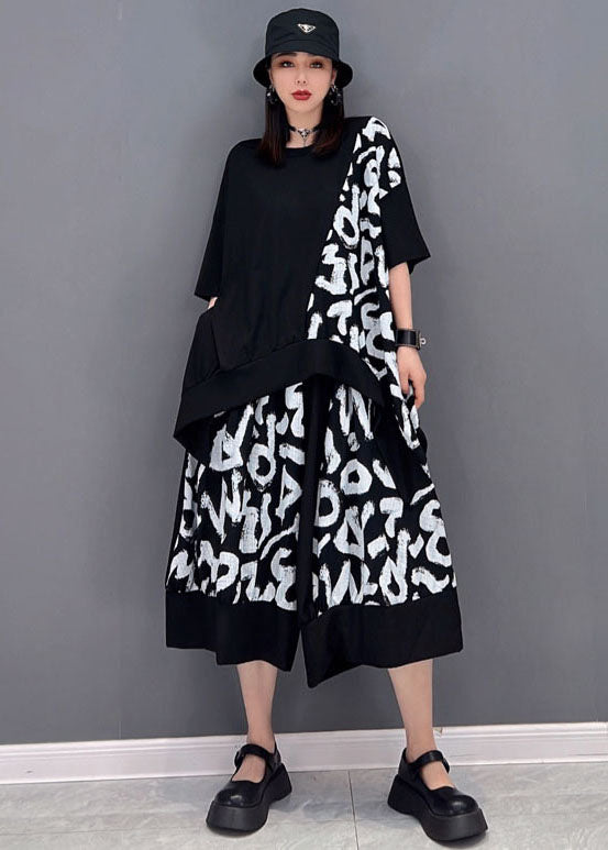 Black Letter Print Patchwork Cotton Top and Crop Pants 2 Pieces Asymmetrical Summer