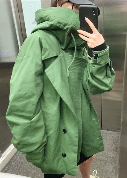 Green Loose Zippered Pockets Fall Coat