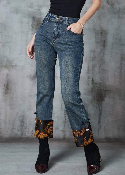 Navy Patchwork Jacquard Denim Straight Pants Spring