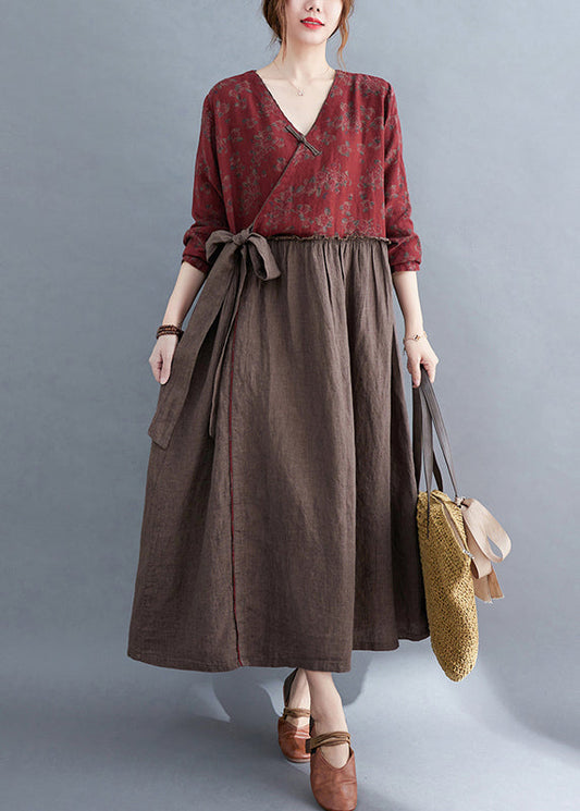 V Neck Tie Waist Ruffled Patchwork Print Linen Dress Long Sleeve