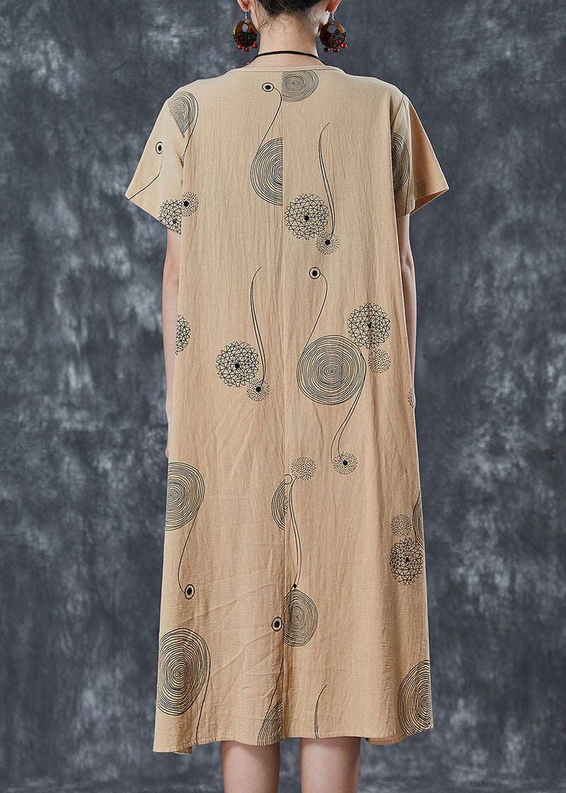 Khaki Print Pockets Cotton Holiday Dress Summer