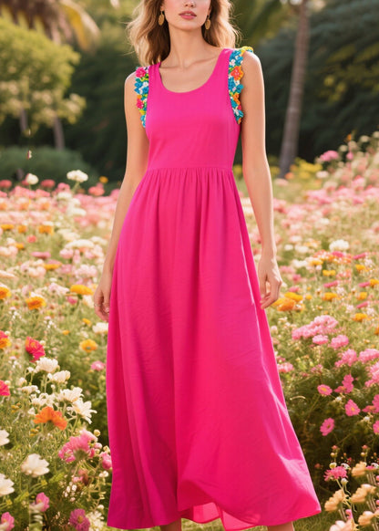 Rose U Neck Patchwork Cotton Long Dress Sleeveless