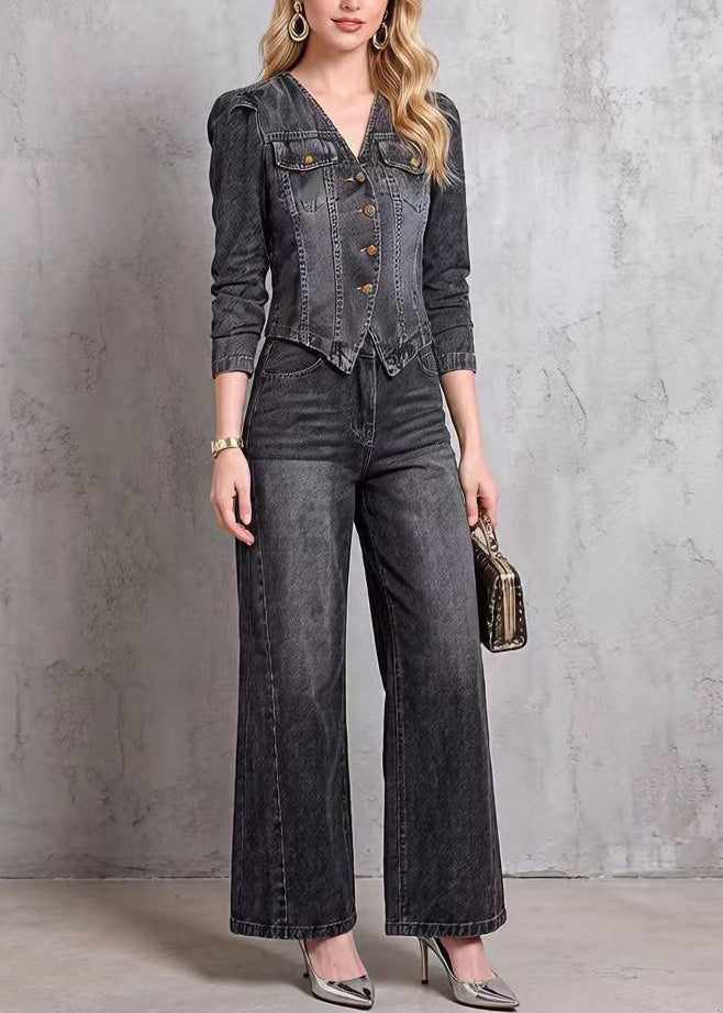 V Neck Top and Pants Denim Two Pieces Set Spring