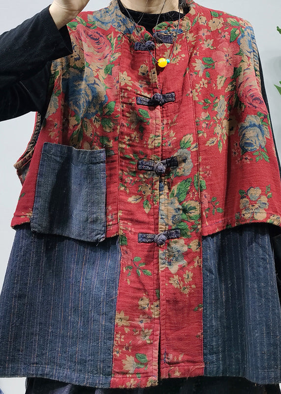 Red Stand Collar Chinese Button Patchwork Print Cotton Vest Sleeveless