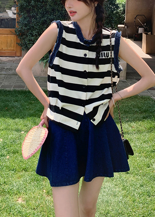 Stylish O-neck Striped Denim Patchwork Cotton Two Pieces Set Summer