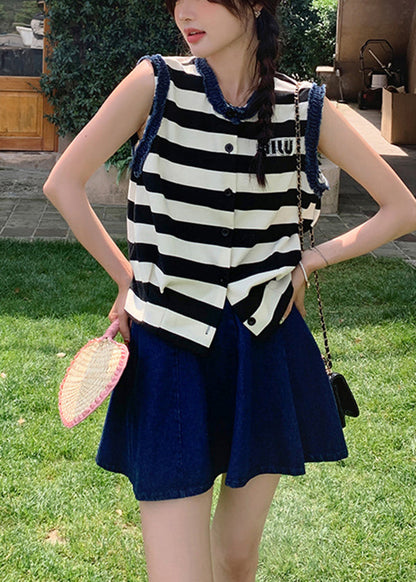 Stylish O-neck Striped Denim Patchwork Cotton Two Pieces Set Summer