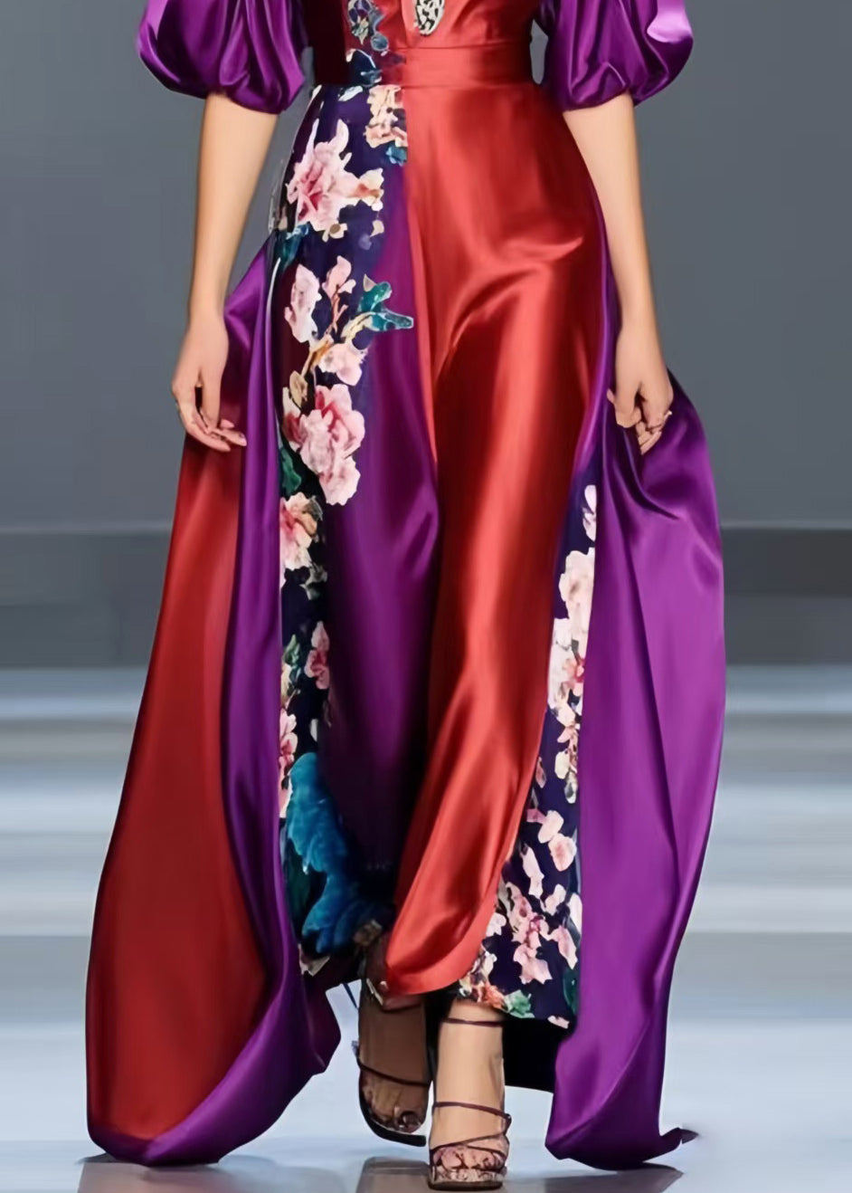 Polychrome Print Silk Maxi Dresses Asymmetrical Design Lantern Sleeve