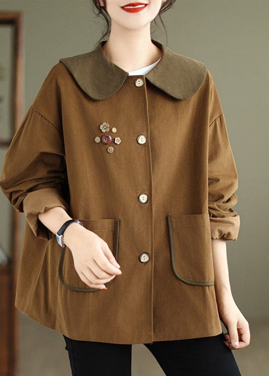 Chocolate Peter Pan Collar Patchwork Cotton Coat Spring