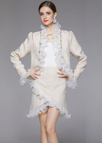 Beige Asymmetrical Patchwork Ruffles Woolen Two Piece Suit Set Fall